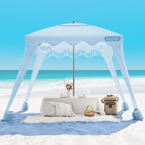 OutdoorMaster Beach Cabana with Fringes, Portable 6' x 6' Beach Canopy for Sand, Easy Set Up Beach Shelter, Included Side ...