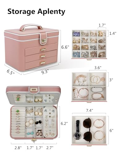 KAMIER Jewelry Organizer Box for Women - 4 Layer Drawer Jewellery Storage with Lock and Mirror - Jewelry Case for Necklace...