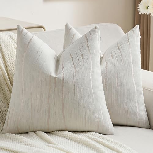 FUTEI Cream Chenille Decorative Throw Pillow Covers 18x18 Inch Set of 2,Soft Embossed Striped Textured Cushion Case,Modern...