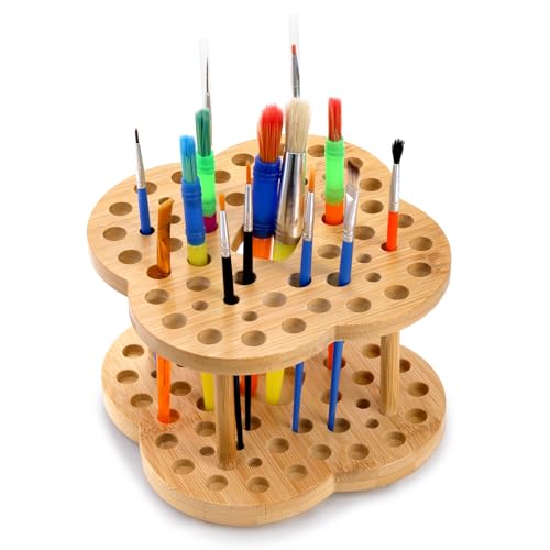 Foraineam 2 Pack Rotating Paint Brush Organizer Holder - 53 Holes Bamboo Display Drying Stand - Artist Watercolor Brush St...