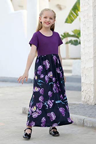 GORLYA Girl's Short Sleeve Patchwork Floral Print Loose Casual Long Maxi Dress with Pockets for 4-12 Years Kids