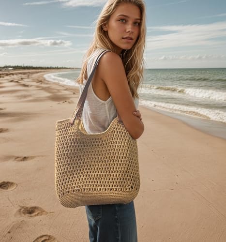 Bototack Crochet Beach Bag for Women - Summer Mesh Beach Tote Bag Boho Woven Purse Shoulder Handbags for Vacation Travel