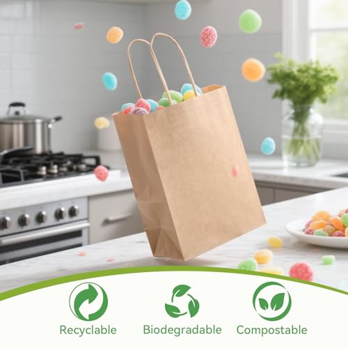 Brothersbox Small Brown Paper Bags with Handles 100PCS, 5.25 * 3.25 * 8 Inch Kraft Gift Bags Bulk for Craft Shopping Busin...