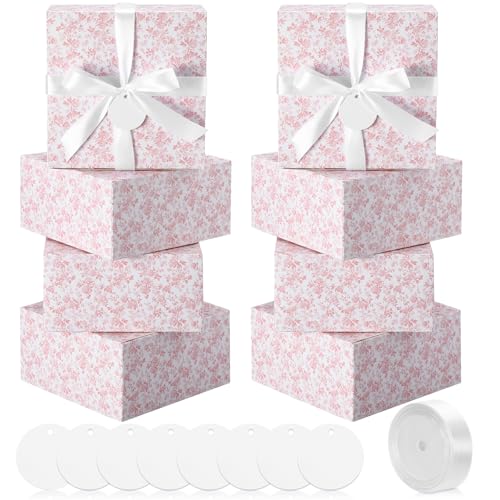 Faccito Pink 8 Pack Floral bridesmaid proposal Gift Boxes 8 x 8 x 4 Inch Flower Paper Boxes with Ribbon Label Card for Wed...