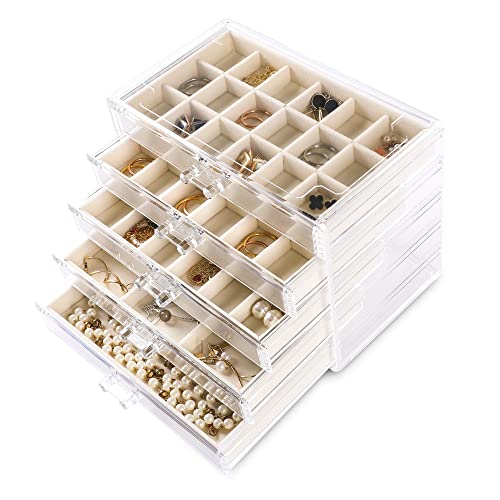 Frebeauty Acrylic Jewelry Organizer Earring Organizer Box with 5 Drawers Earring Holder Organizer with Velvet Trays Clear ...