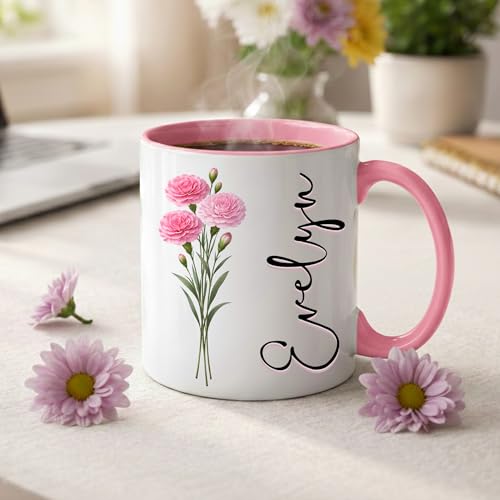 Personalized Birth Flower Name Coffee Mug, Custom Ceramic Cup 11oz 15oz, Floral Gift for Women Mom Grandma Sister Friend, ...