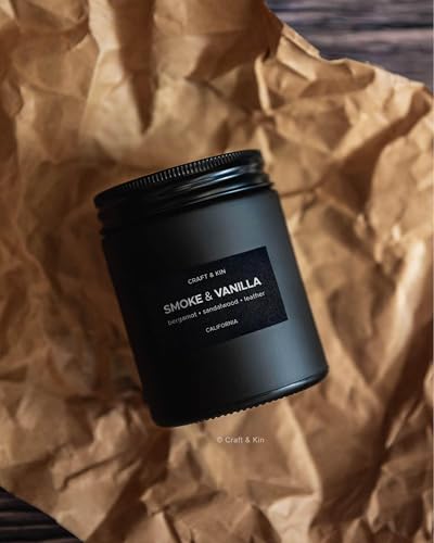 Craft & Kin Premium Smoke & Vanilla Candle | Black Scented Candles for Men | Long Lasting with 45 Hour Burn Time, 7.6oz | ...