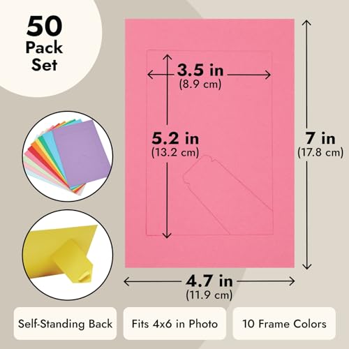 Juvale Cardstock Picture Frames - 4x6 in, Multicolor, 50 Pack - Paper Photo Frames for DIY & Classroom Crafts