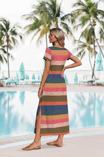 OFEEFAN Summer Dresses for Women 2026 Maxi Dress Short Sleeve Sundresses with Pockets Beach Vacation Spring Outfits