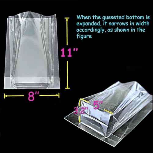 PigPotParty Cellophane Bags 8x11 Inch, 50 Pack Clear Plastic Gift Bags with Bottom Gusset for Stand-Up Display, Medium Cel...