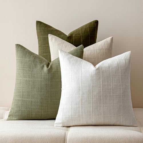 Aesthaboho Green Linen Pillow Covers Set of 4, Decorative Plaid Throw Pillow Covers 18 x 18 Inch, Boho Cushion Soft Farmho...