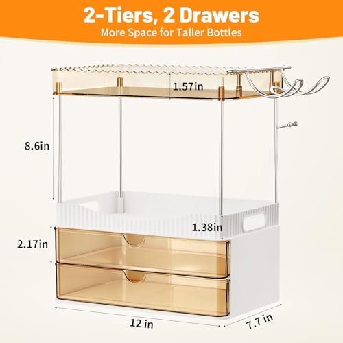 TasticTotes Bathroom Counter Organizer with Hairdryer Holder, 2-Tier 2-Drawer Shower Organizer for Skincare, Makeup Cosmet...