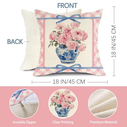 Fjfz Pink Rose Flower Bow Decorative Throw Pillow Covers 18 x 18 Set of 2, Chinoiserie Blue and White Porcelain Floral Coq...