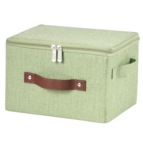 VinneGenzz Storage Bins with Zipper Lid Cotton Linen Fabric Lidded Storage Baskets Boxes Foldable Washable Closet Shelf Cl...