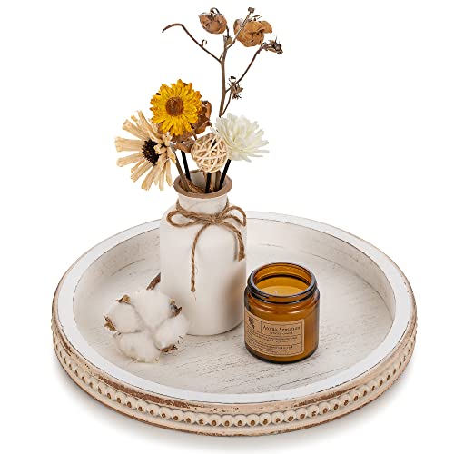 Hanobe Round Wooden Decorative Tray: White Washed Bead Tray Decor for Coffee Table Centerpiece Rustic Farmhouse Tray for K...