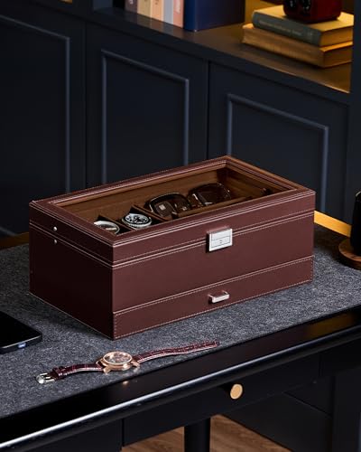 ProCase Mens Jewelry Box, Lockable 6 Slot Watch Case & 3 Slot Sunglasses Organizer, 2-layer Mens Jewelry Organizer Watch B...