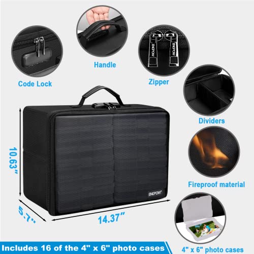 ENGPOW Fireproof Photo Storage Box with 16 Inner 4" x 6" Photo Case(Clear),Photo Box Organizer with Lock,Collapsible Porta...