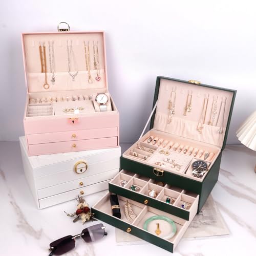 RQQM Jewelry Organizer Box PU Leather Double-Layer Pull-Out Drawer & Multiple Compartments - Premium Jewelry Storage for N...