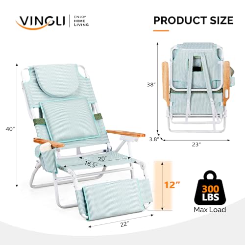 VINGLI Deluxe 3 in1 Beach Chair, Tanning Chair with Face Hole, Reclining Lounge with Foot Rest, Cup Holder and Storage Ba...