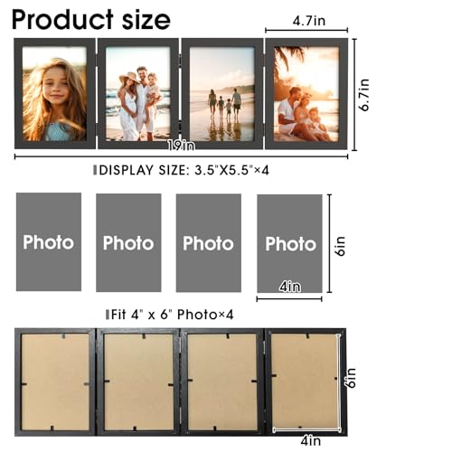WARM&LOVE 4 Picture Frame, 4x6 Four Folding Hinged Photo Frames, Rustic Wood Desk Family Photo Collage Stand Vertical on T...