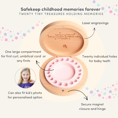 Little Shroomie Baby Tooth Keepsake Box – Wooden Beechwood Tooth Fairy Holder & Memory Capsule for First Tooth, Curl & Umb...