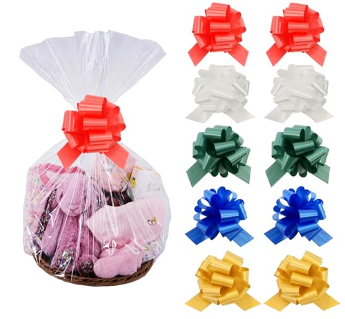 Wowfit 10-Pack Clear Cellophane Bags with Large Pull Bows, 18x30 Inch - Complete Gift Wrapping Kit for Baskets, Presents &...