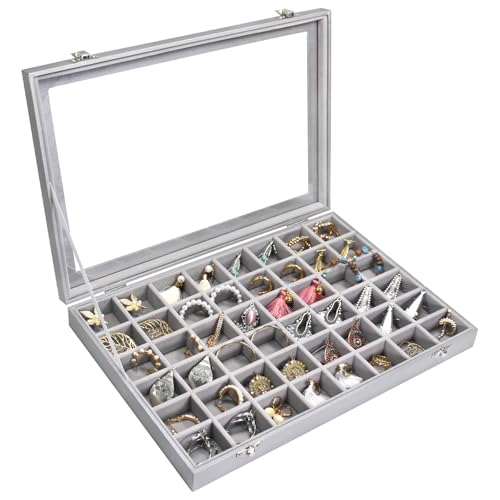 Siveit Jewelry Tray Organizer Box 48 Grid Jewelry Display Organizer Box with Transparent Lid Rings Earrings Necklaces Pend...