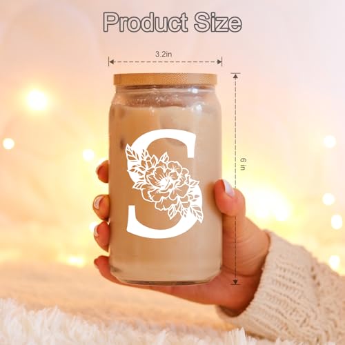 Coolife Initial Glass Cup, Monogrammed Gifts for Women, 16oz Glass Cups w/Lids Straws, Iced Coffee Smoothie Beer Tumbler ...