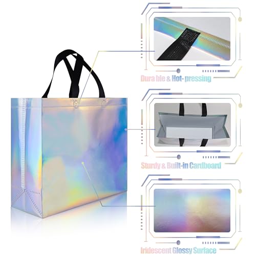 cabzymx Glossy Iridescent Gift Bags 15 Pcs, 12.6x4.7x11 In Reusable Goodie Bags Bulk with Handles & Sturdy Base, Christmas...