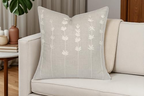VAGMINE Hand Embroidered Linen Throw Pillow Cover 18x18 – Natural Square Decorative Accent Cushion for Sofa, Bed & Couch –...