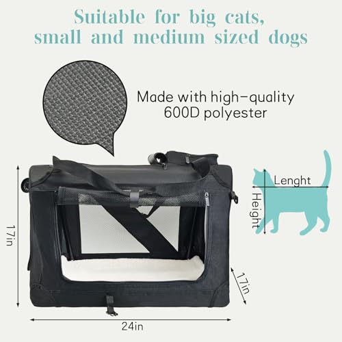 Fhiny Large Cat Carrier for 2 Cats, 24"x17"x17" Soft Dog Crate Collapsible Portable Travel Pet Carrier Bag Durable Breatha...