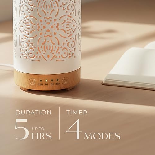 Earnest Living Essential Oil Diffuser White Ceramic Diffuser 100 ml Timers Night Lights and Auto Off Function Home Office ...
