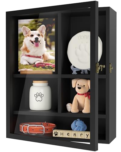 Pet Memorial Shadow Box, 14.7"x 12" Dog Memorial Shadow Box with Adjustable Shelves & Pin-Back Board, Wooden Pet Memorial ...