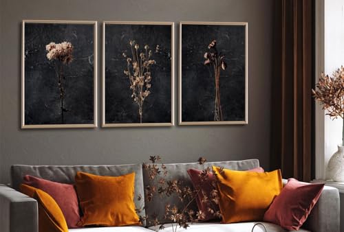 FTQYQLD 3Pcs Moody Dried Flower Wall Art Canvas Prints Dark Moody Botanical Unframed Poster Set Modern Farmhouse Home Deco...