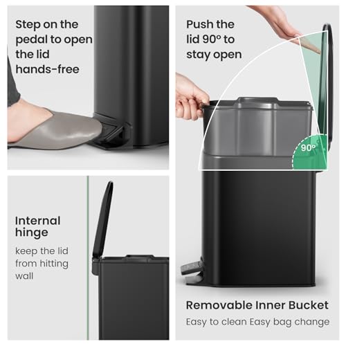 Cesun Small Bathroom Trash Can with Lid Soft Close, Step Pedal, 6 Liter / 1.6 Gallon Stainless Steel Garbage Can with Remo...