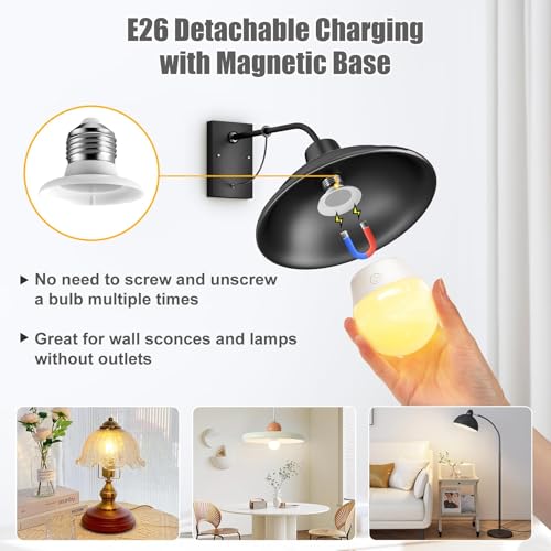 Brightown E26 Rechargeable Light Bulb with Remote and Timer, Battery Backup Bulb for Sconces and Lamps, Magnetic Bulbs for...
