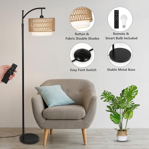 Arc Floor Lamp for Living Room with 3 Color Temperatures, Farmhouse Floor Lamps with Remote & Dimmable Bulb, Boho Standing...