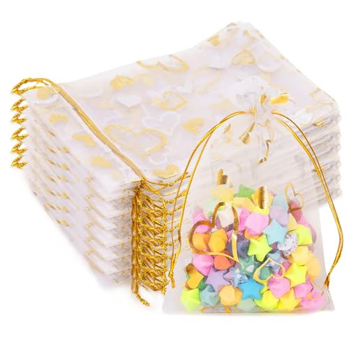 G2PLUS Valentines Gift Bags Organza 4x6in - 50Pcs Heart Organza Bags, Drawstring Sheer Mesh Jewelry Pouches Candy Bag for ...