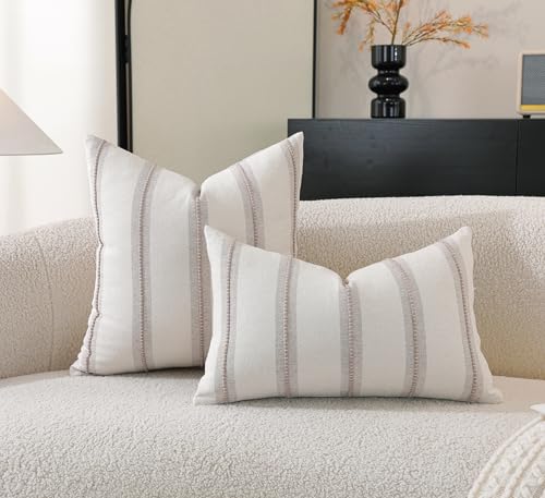 Cethom Boho Throw Pillow Covers 20x20 Set of 2, Taupe Striped Decorative Pillow Cases for Couch Chair Bed, Textured Farmho...