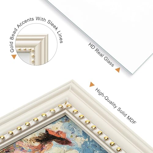Wontree 4x6 Picture Frame in Beige with Classic Gold Beaded Border, Solid Wood with Real Glass, Vertical and Horizontal De...
