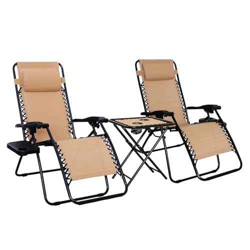 Amazon Basics Outdoor Textilene Adjustable Zero Gravity Folding Reclining Lounge Chair Set with Cup Holder, Side Table, He...
