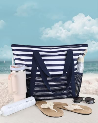 HOMESPON Beach Bag Large Waterproof Sandproof Tote for Women with Zipper and Mesh Pockets