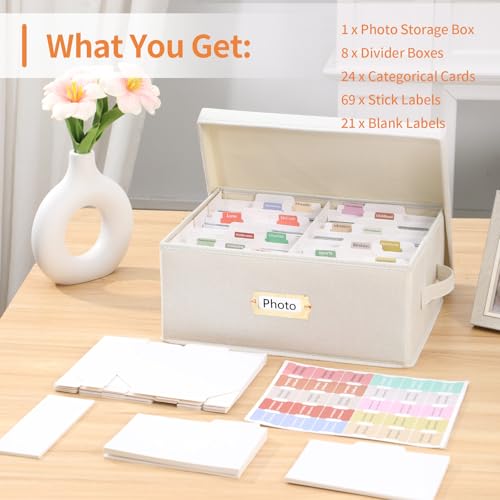 Aokeyee 2PC Photo Storage Box - Decorative Linen Memory Organizer for 4x6 Pictures, Keepsake Box with Dividers & Labels, H...