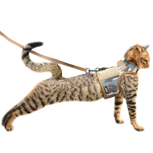 Yizhi Miaow Tactical Cat Harness and Leash for Walking Escape Proof Breathable Mesh Fabric, Green Jungle Camo, Large, Adju...