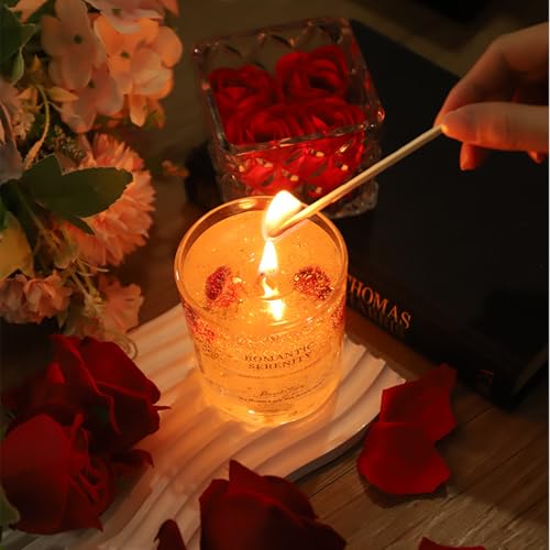 Gel Wax Candle,Sparkling Real Rose & Gold Flakes Candle in Glass Jar,Floral Scented,Smokeless Clean Burn,Glam Home Decor o...