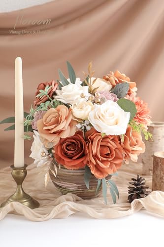 Floroom Terracotta Artificial Flowers Burnt Orange Fake Roses Peonies Dahlia Greenery Combo Box Set for DIY Wedding Bouque...