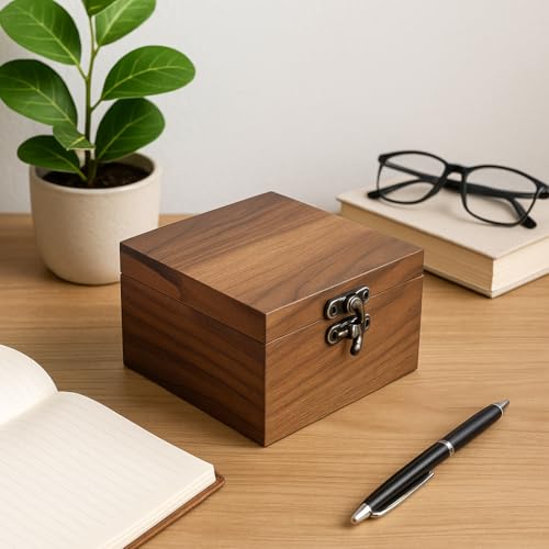 LONMAIX Handcrafted Walnut Wood Keepsake Box – 4.3 x 4.3 x 2.5 inch – Jewelry, Watch & Gift Storage Box – Rustic Wooden Bo...