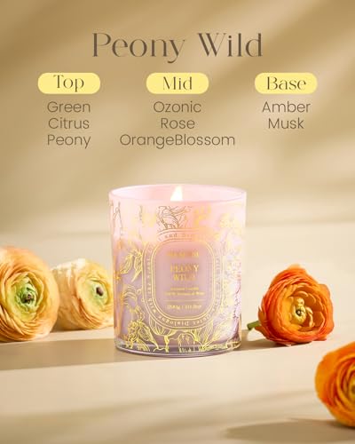 M&SENSE Wild Peony Scented Candle, Soy Wax Clean, Non-Toxic Burn, 55 Hours Long Burning 10.3oz, Elegant Romantic Floral Ar...
