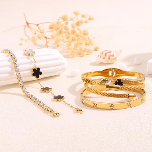 Camhanno 5pcs Gold Stackable Bracelet Set for Women - Stainless Steel Non-Tarnish Clover Lucky Charm Jewelry, Trendy Gift ...