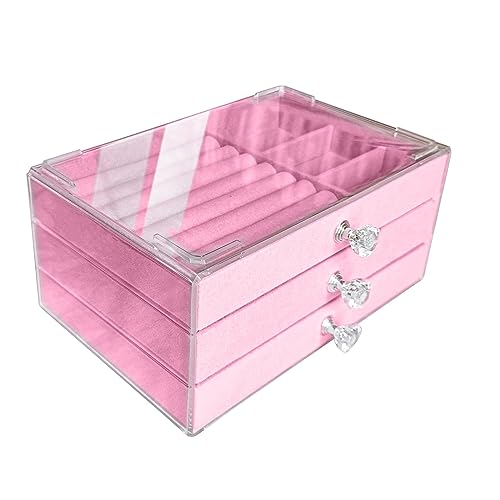 Jemjosh Clear Acrylic Velvet Jewelry Organizer with 3 Drawers, Stackable Display Storage Earrings Necklace Rings Bracelets...